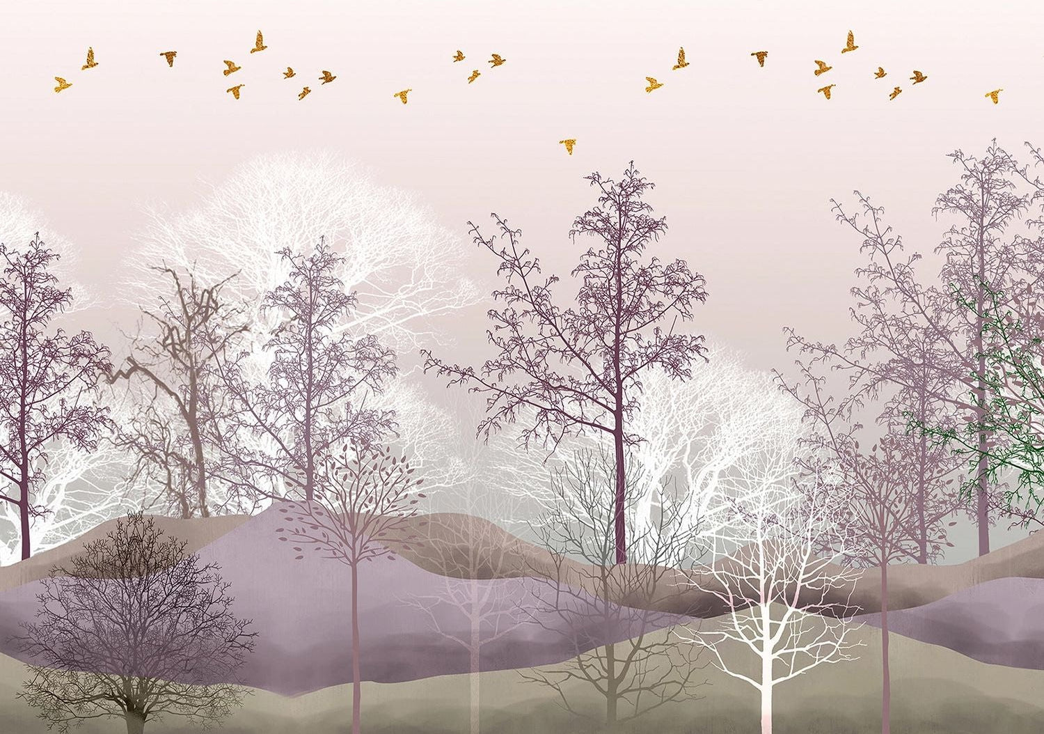Graceful Tranquility: Grayish Pastel Trees & Golden Birds Wall Mural