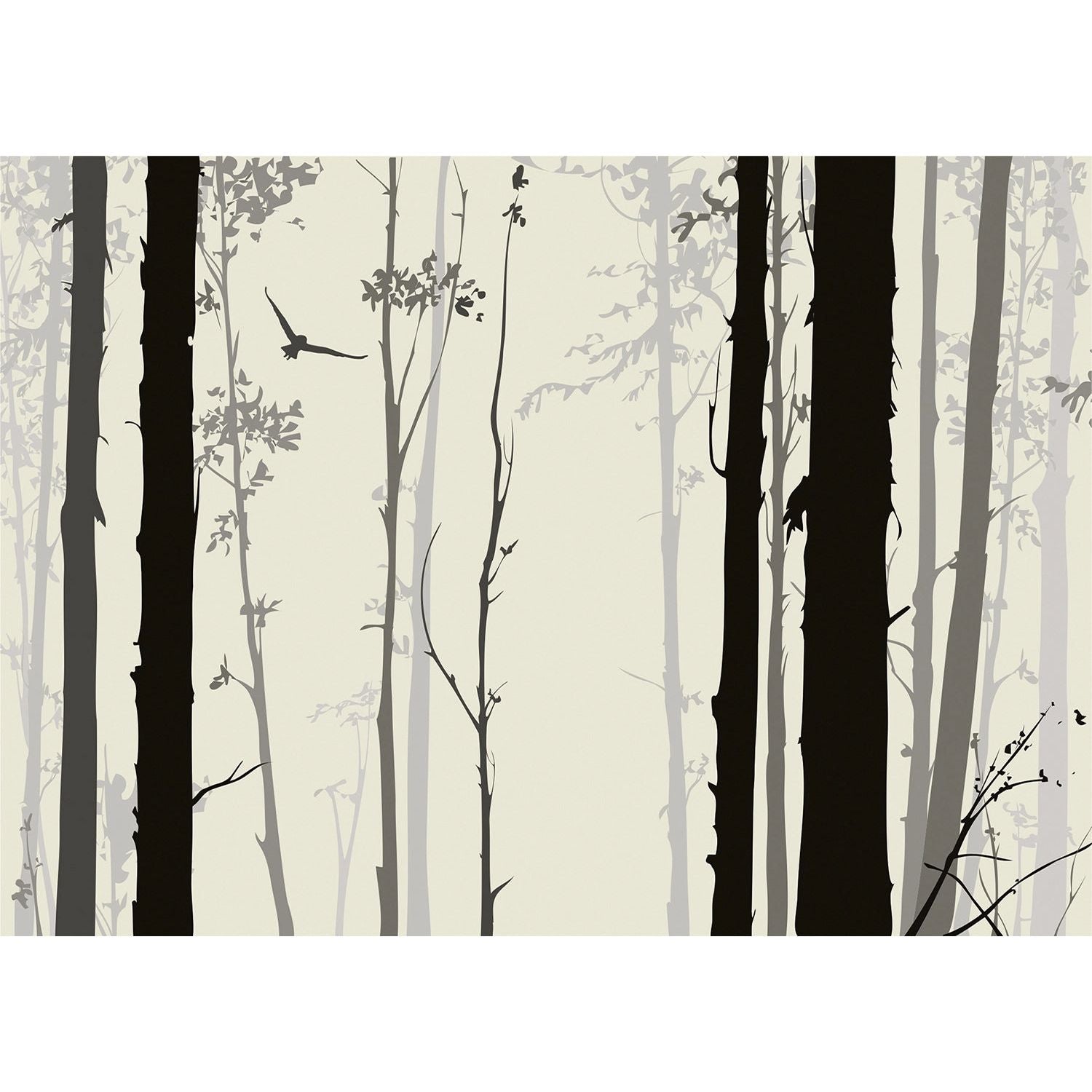 Monochrome Serenity: Black Trees and Birds Wall Mural