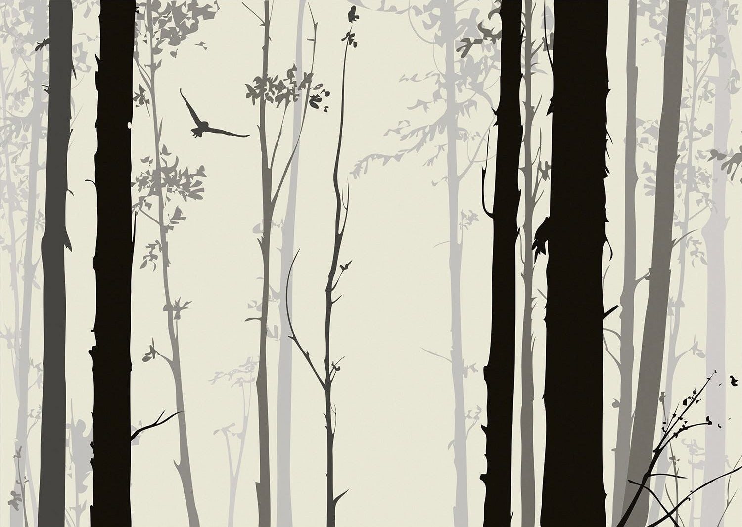 Monochrome Serenity: Black Trees and Birds Wall Mural