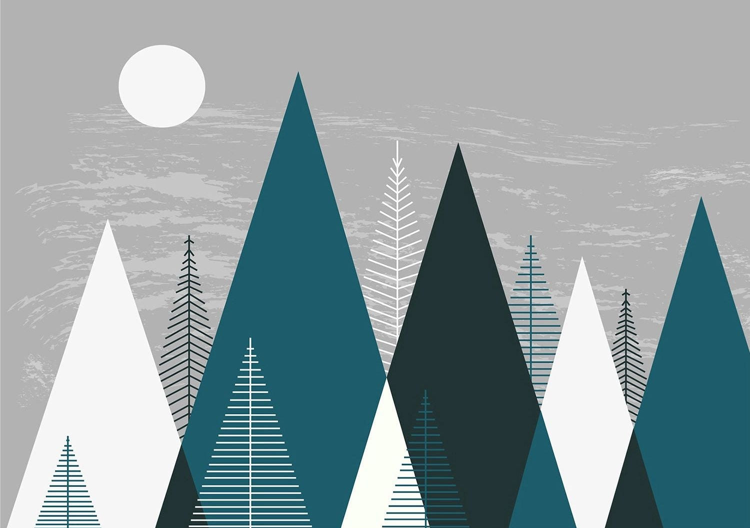 Children's Wall Mural with Trees and Blue Triangles