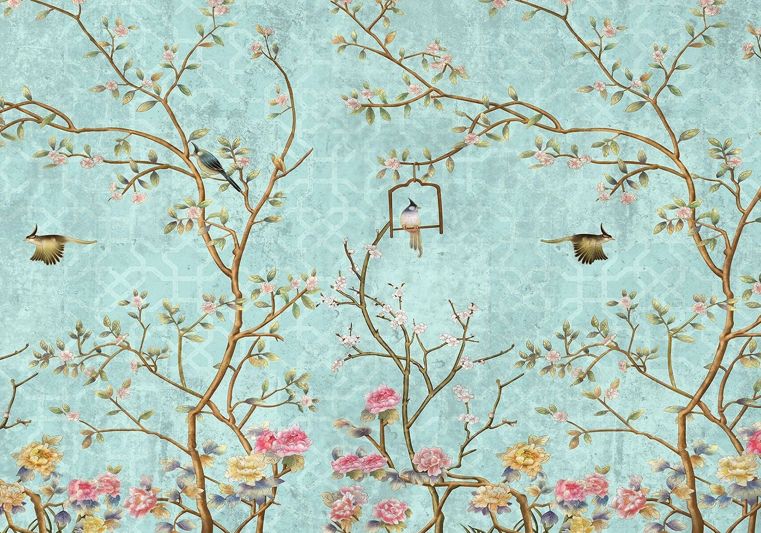 Serene Skyline: Green Atmosphere Wall Mural with Leafs and Flying