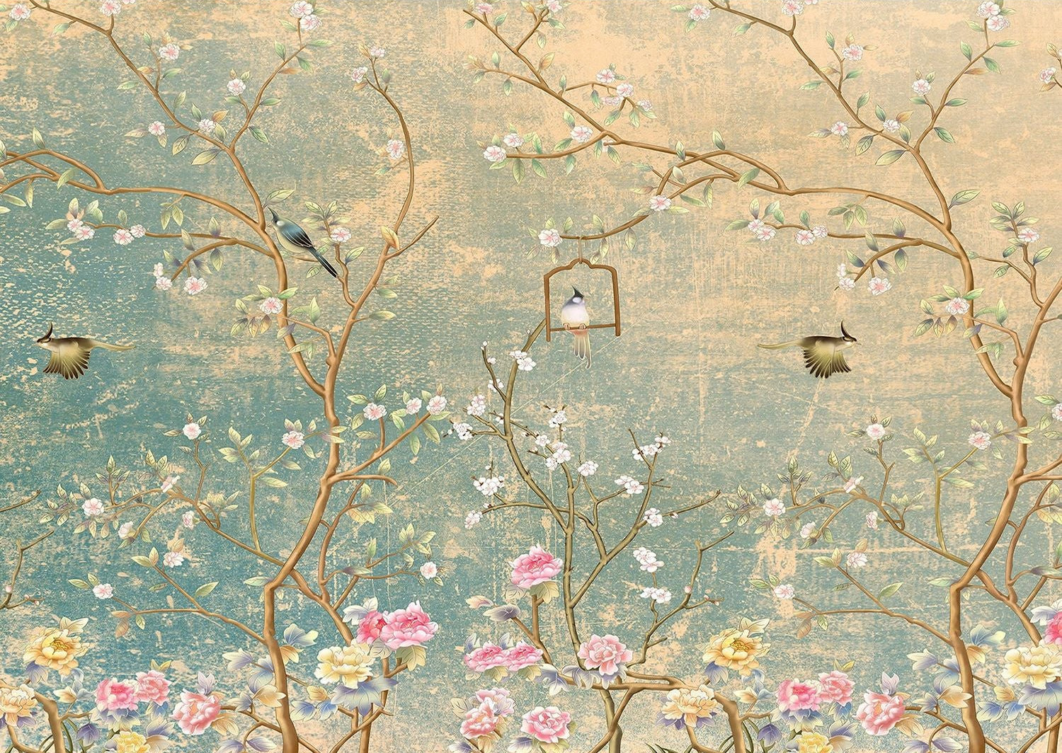 Sunlit Canopy: Blue & Yellow Branches & Birds Wall Mural