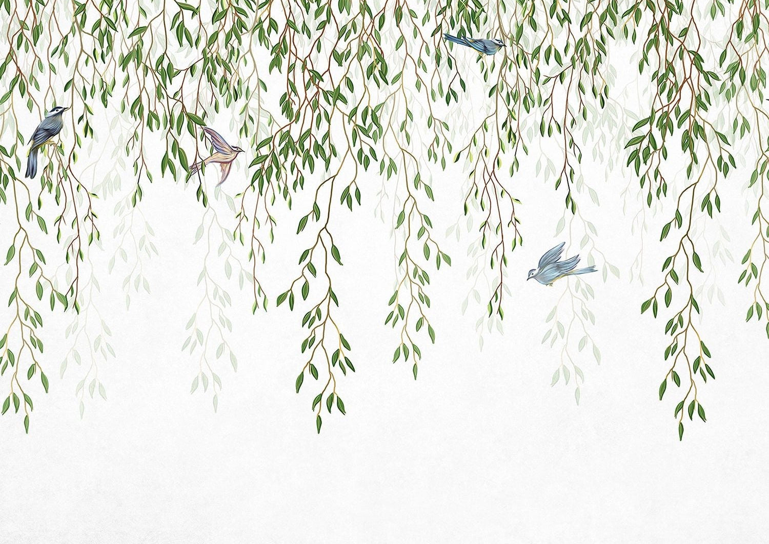 Gentle Serenade: Birds and Green Leaves Wall Mural
