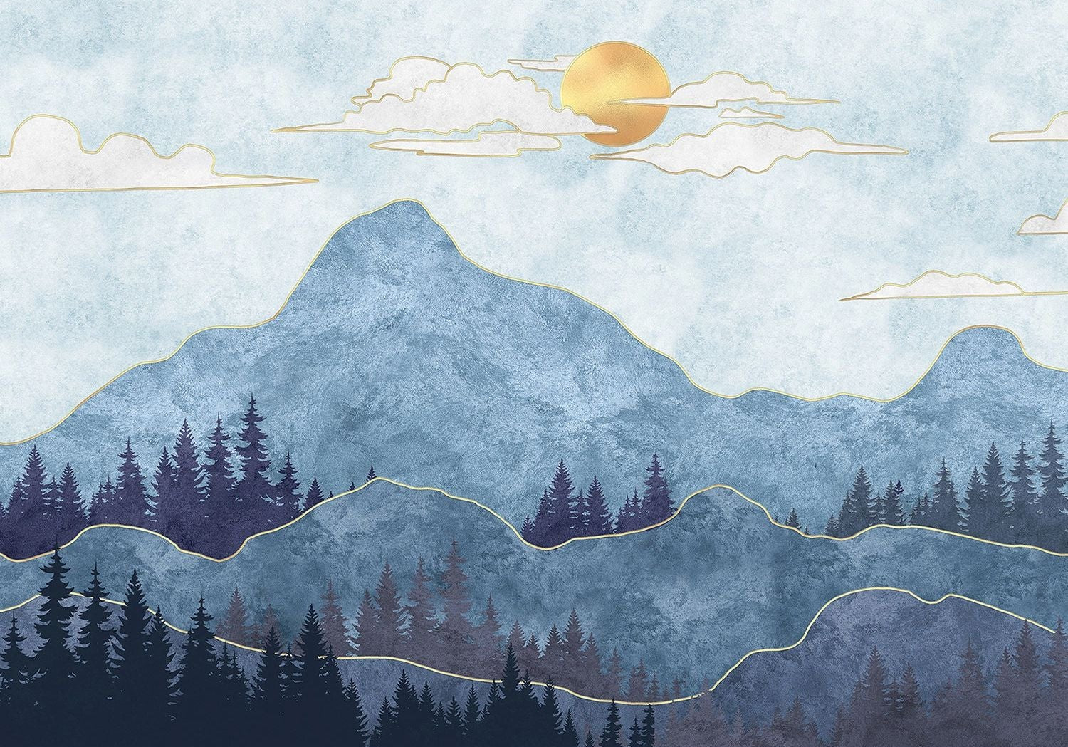 Skyward Summit: Mountain, Clouds, and Sun Wall Mural