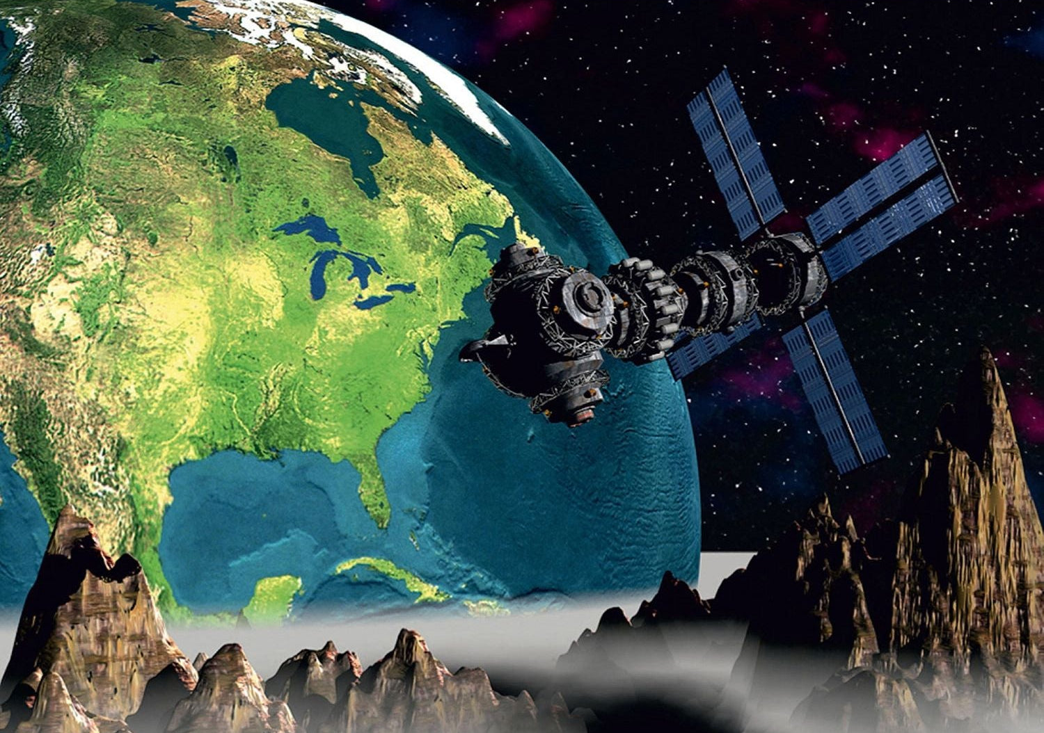 Cosmic Vantage Wall Mural: Earth and Satellite Space Mural