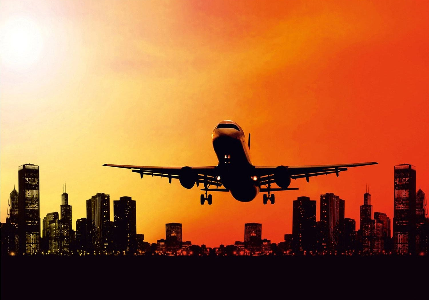Sunset Departure: Awe-Inspiring Wall Mural with Airplane Taking Off