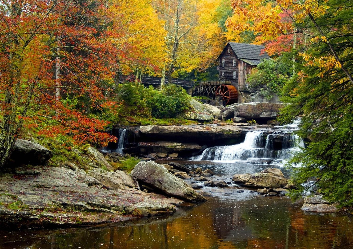 Autumn Harmony Wall Mural: The Old Mill and Waterfall