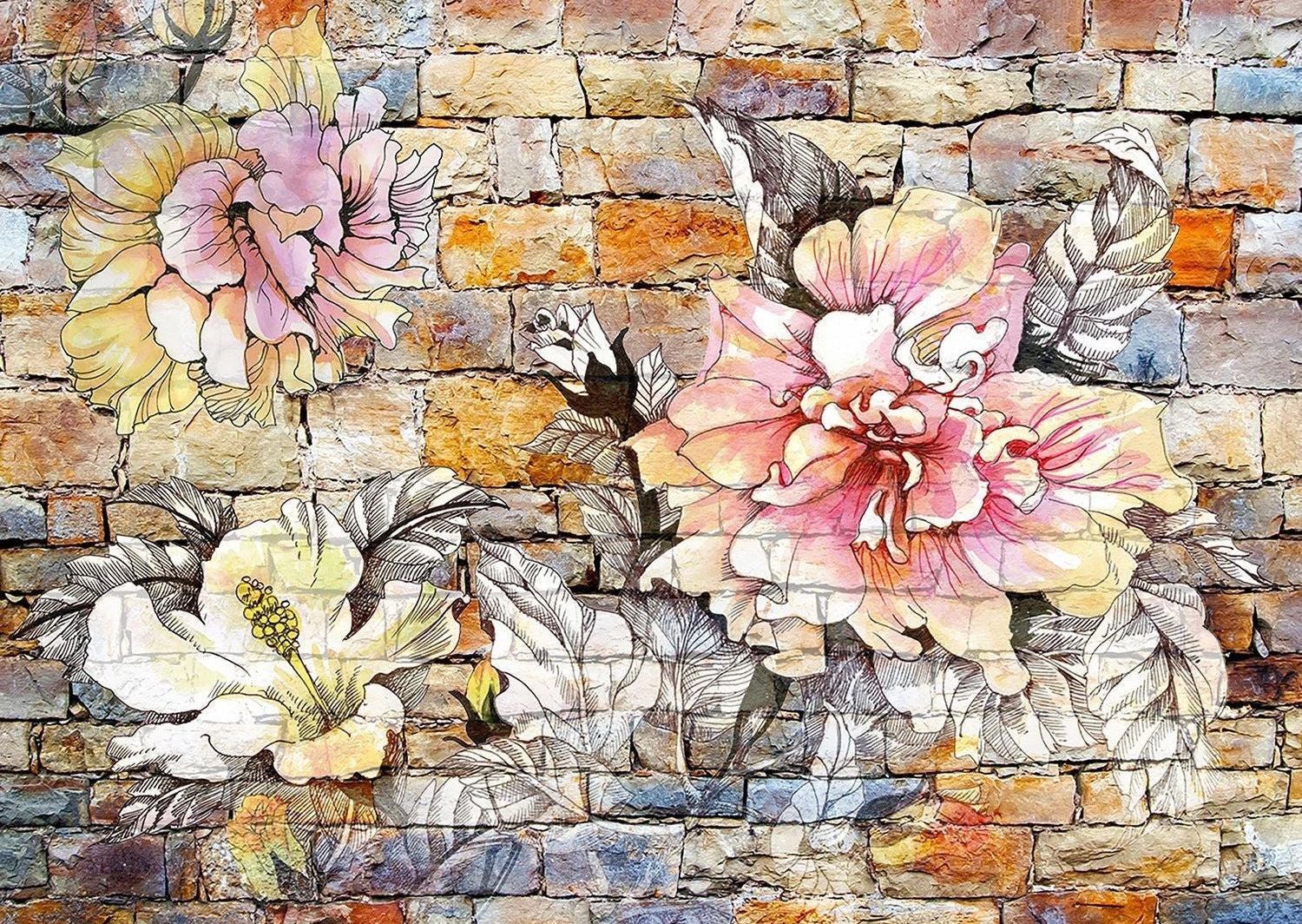 Urban Blossoms: Watercolor Florals on Brick Wall Mural