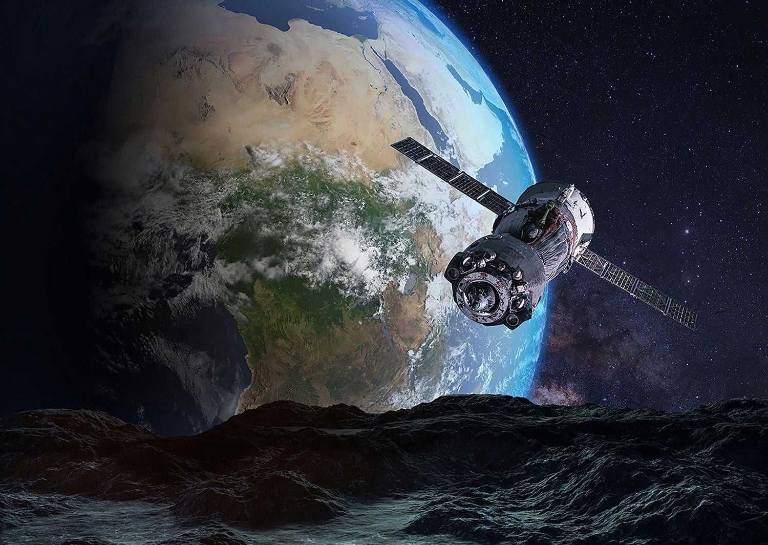 Cosmic Voyage: A Spacecraft's Journey Wall Mural