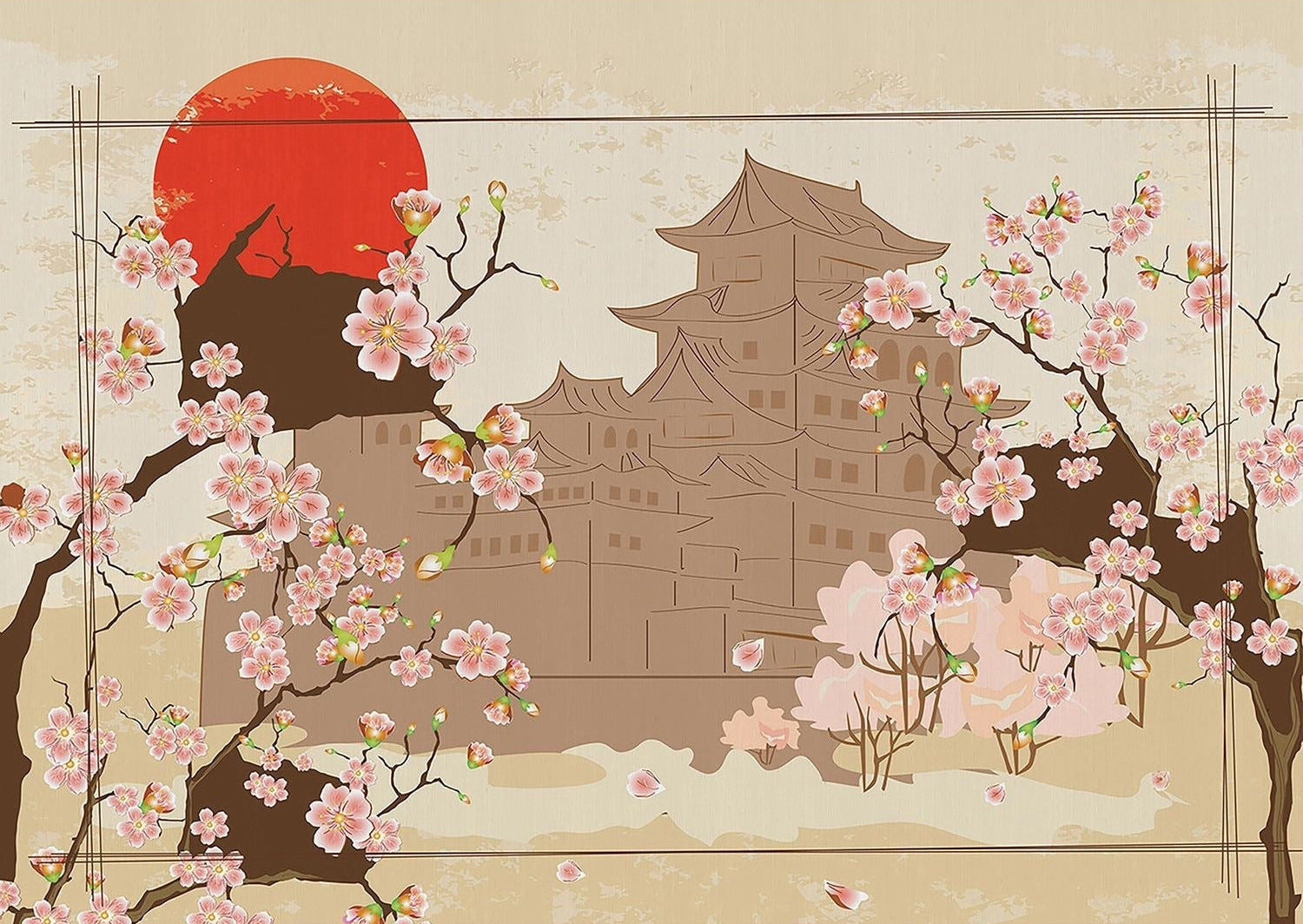 Eastern Blossom: Cherry Blossoms and Pagoda Wall Mural