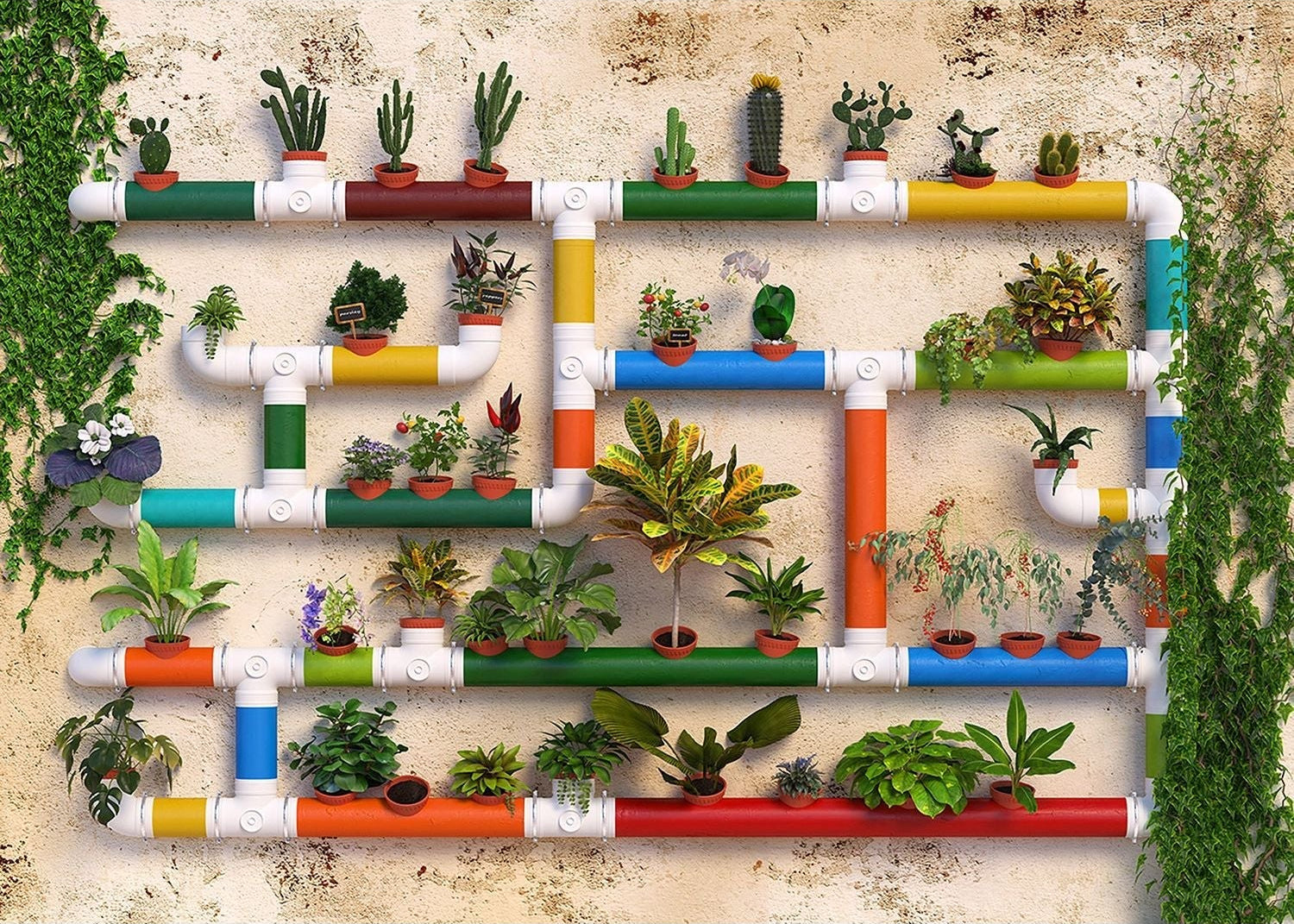 Greenery Grid: Industrial Pipe Garden Wall Mural