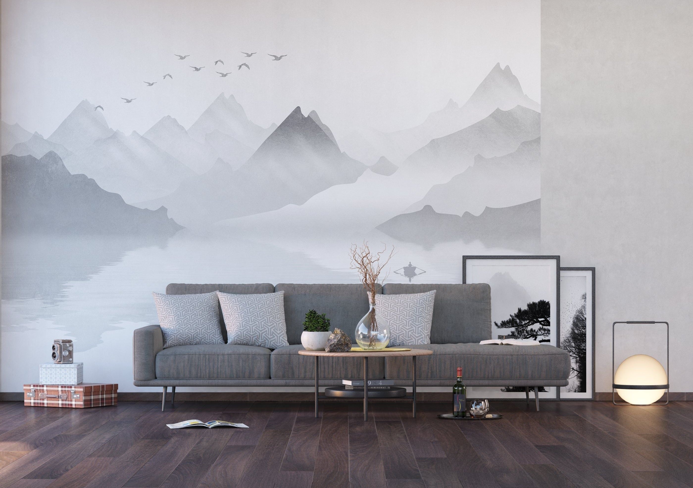 Serene Black and White Mountain Wall Mural with Birds