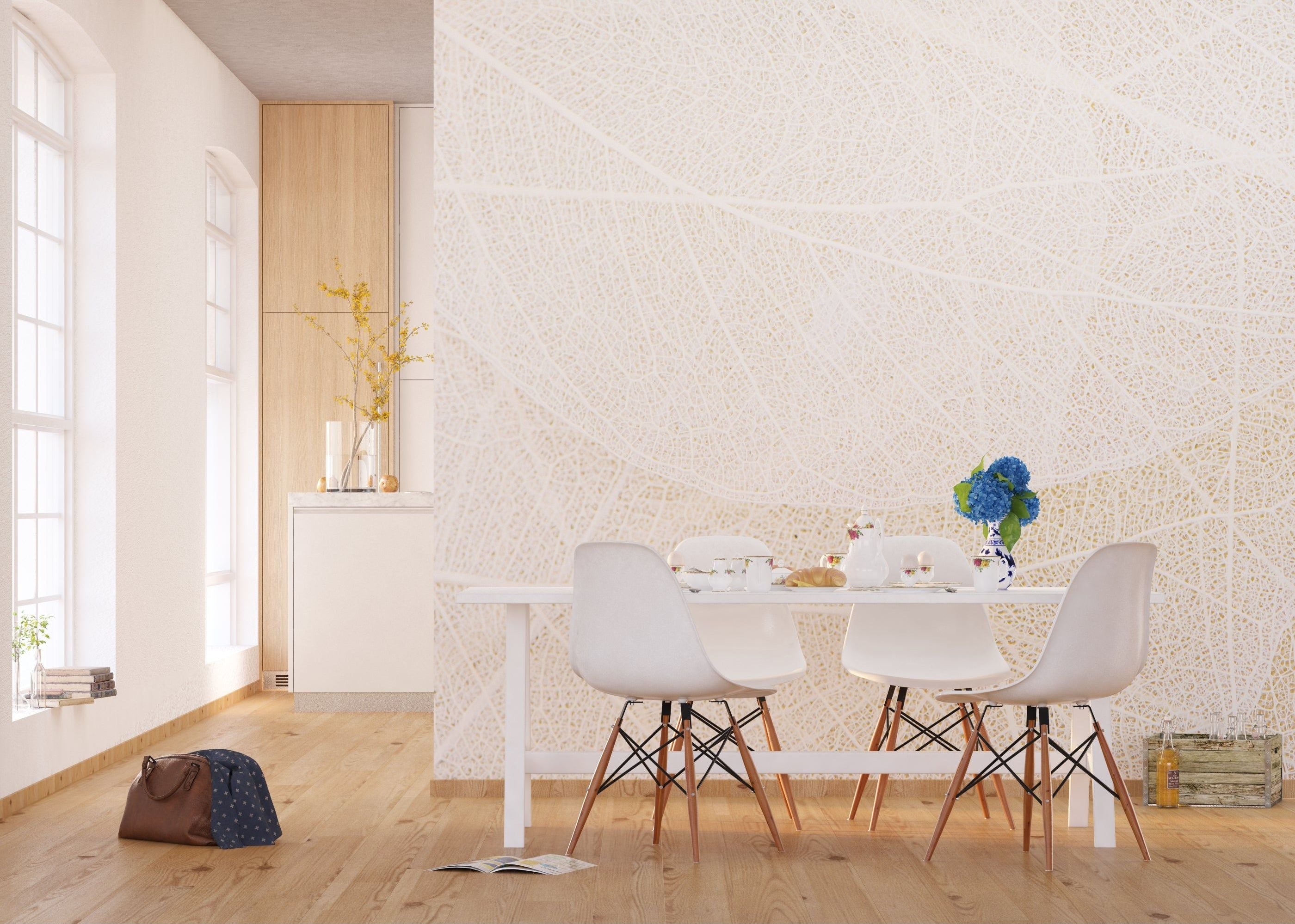 Cream Leaf Strings Wall Mural: Nature's Elegance