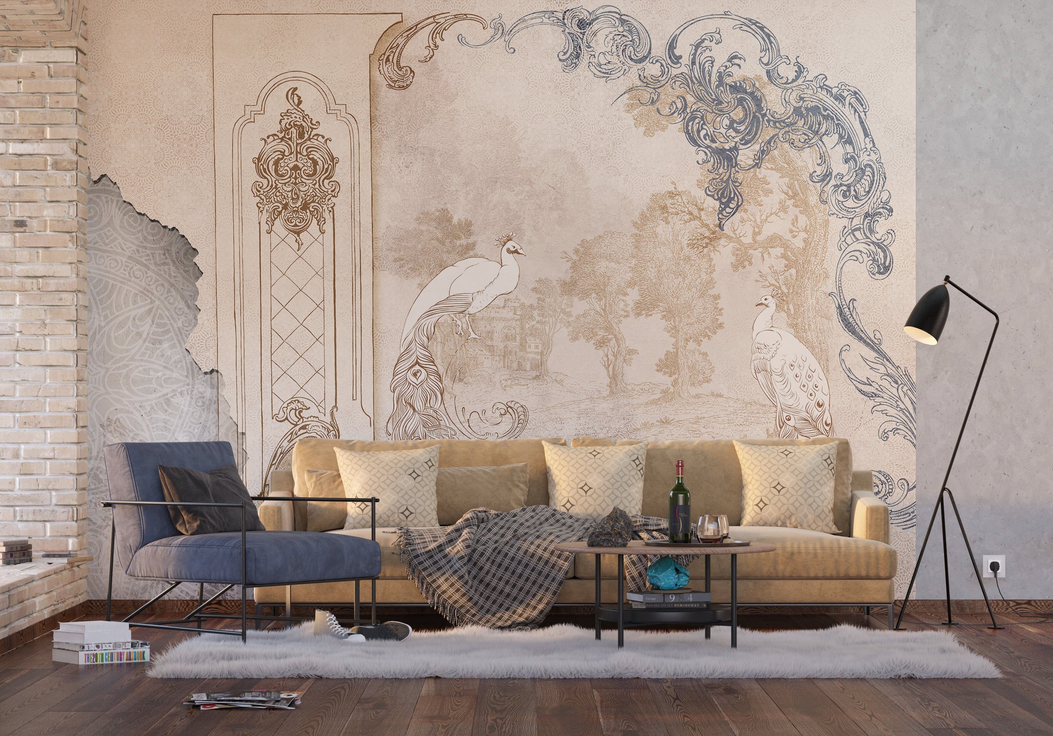 Regal Harmony: Royal Peacock & Cream Florals Wall Mural