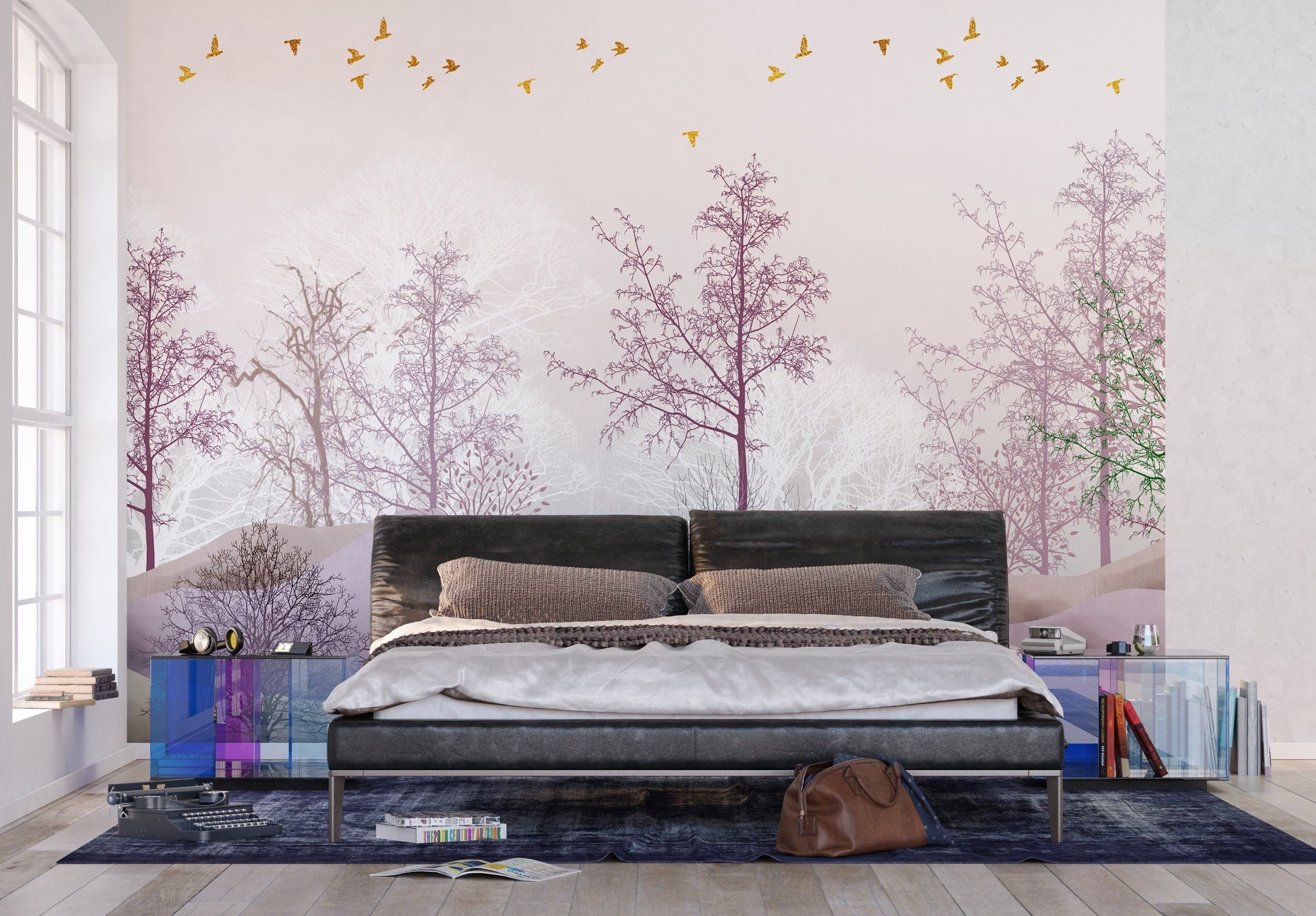 Graceful Tranquility: Grayish Pastel Trees & Golden Birds Wall Mural