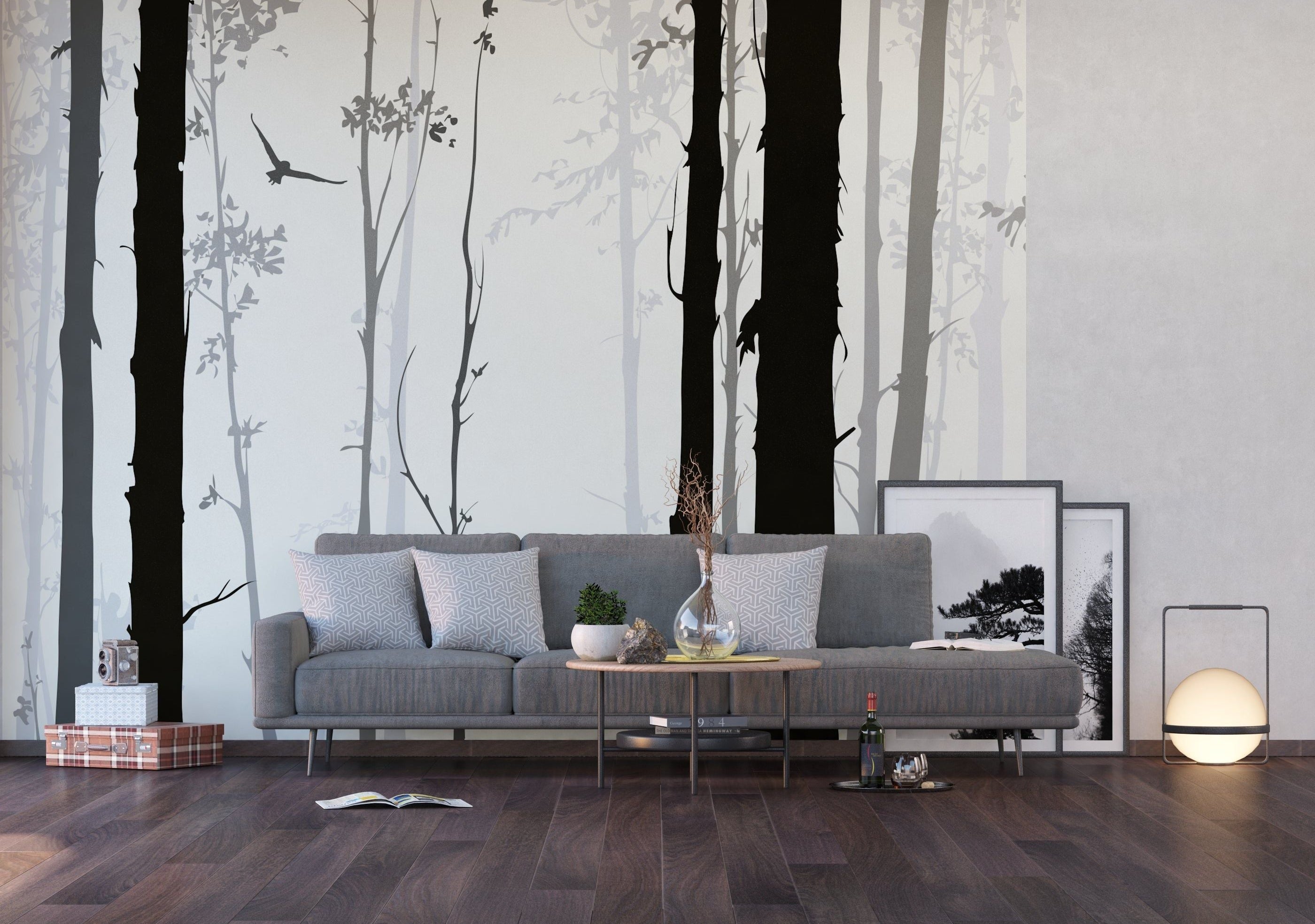 Monochrome Serenity: Black Trees and Birds Wall Mural