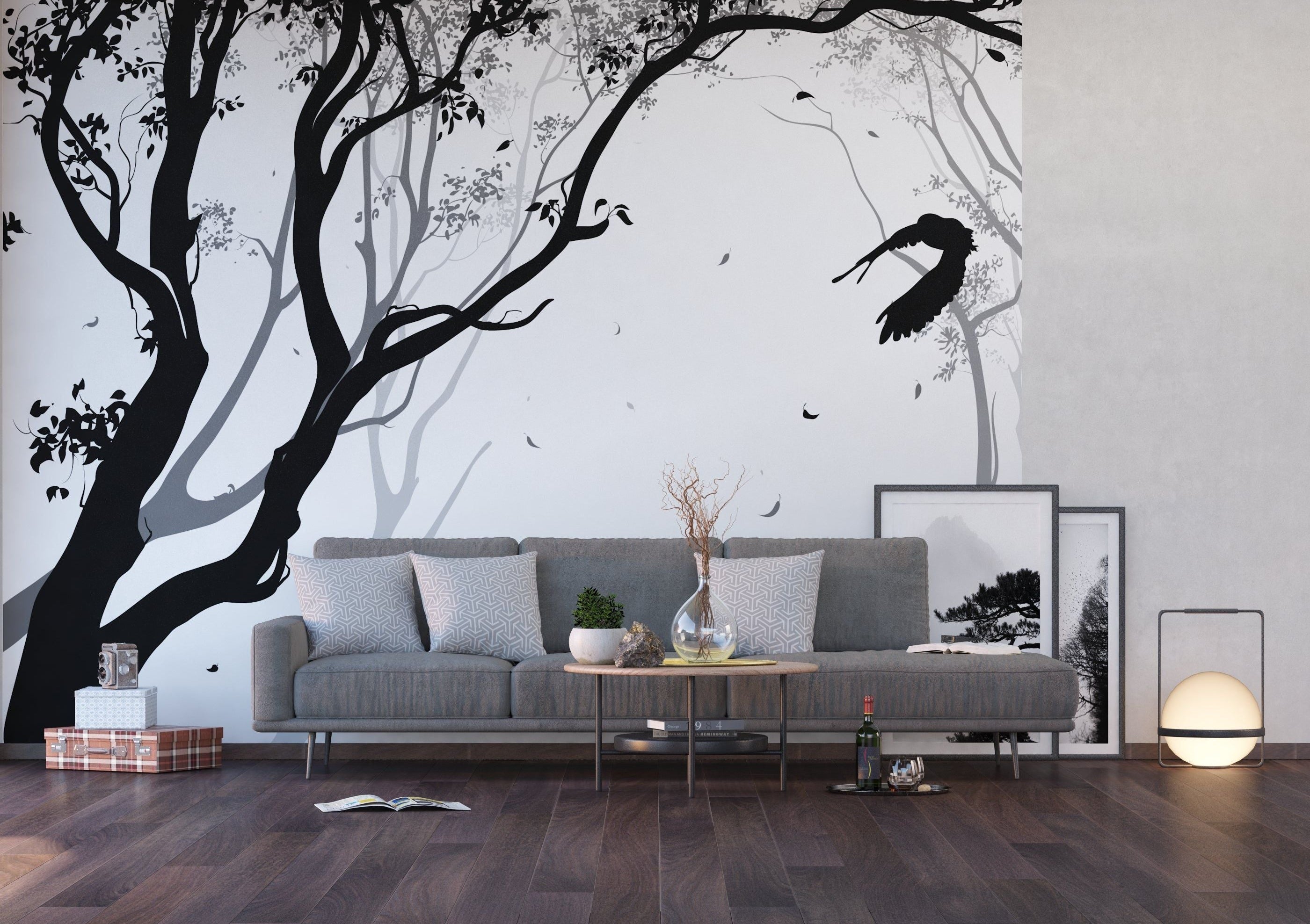 Monochrome Forest: Black & White Trees with Black Leafs Wall Mural