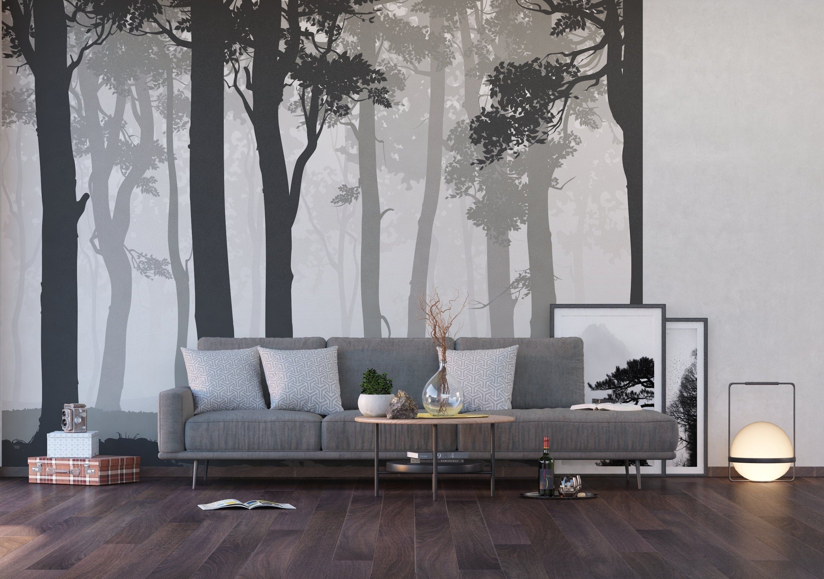 Foggy Silhouettes: Black & Gray Trees Wall Mural