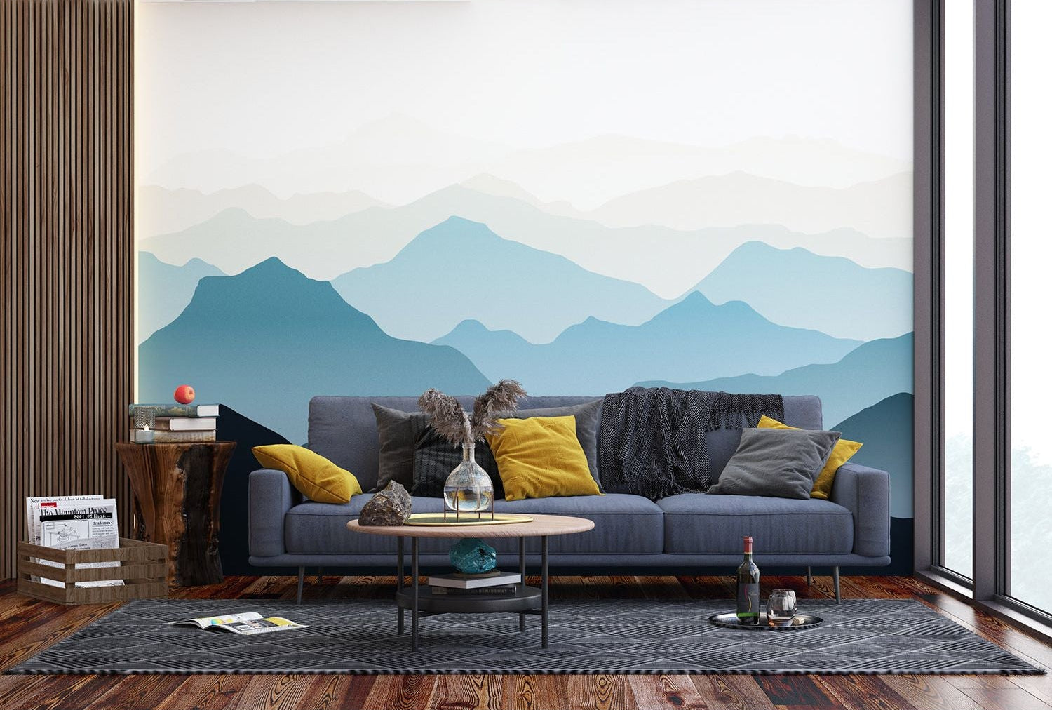 Tranquil Peaks: Black, Blue, Green Mountain Wall Mural