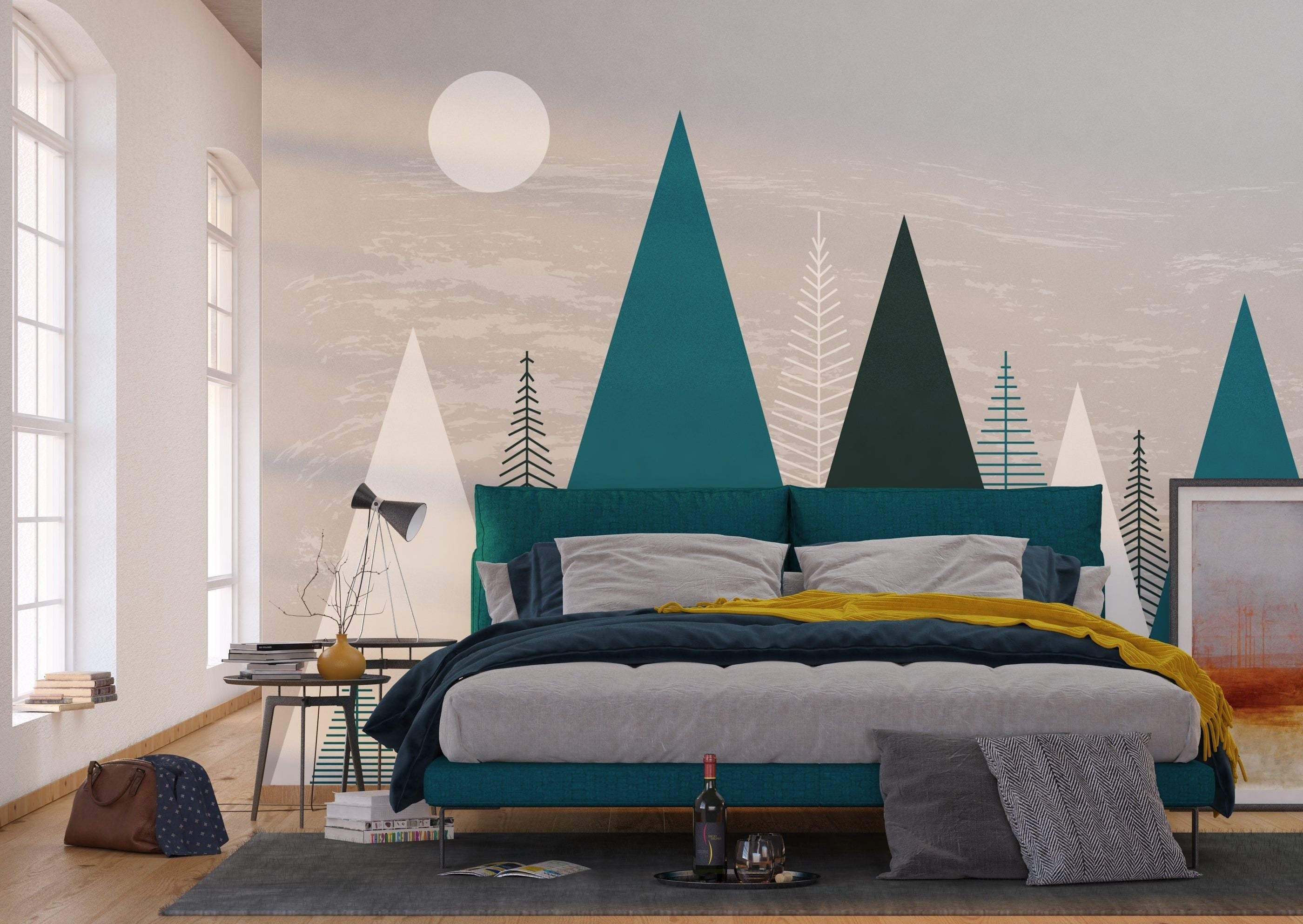 Children's Wall Mural with Trees and Blue Triangles