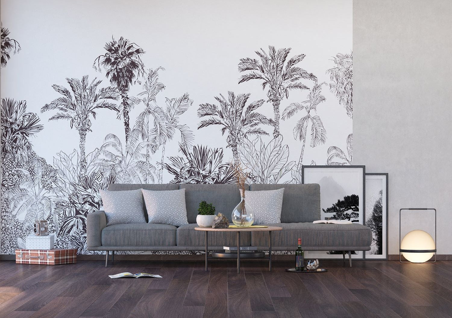 Monochrome Oasis: Black & White Palm Tree Wall Mural