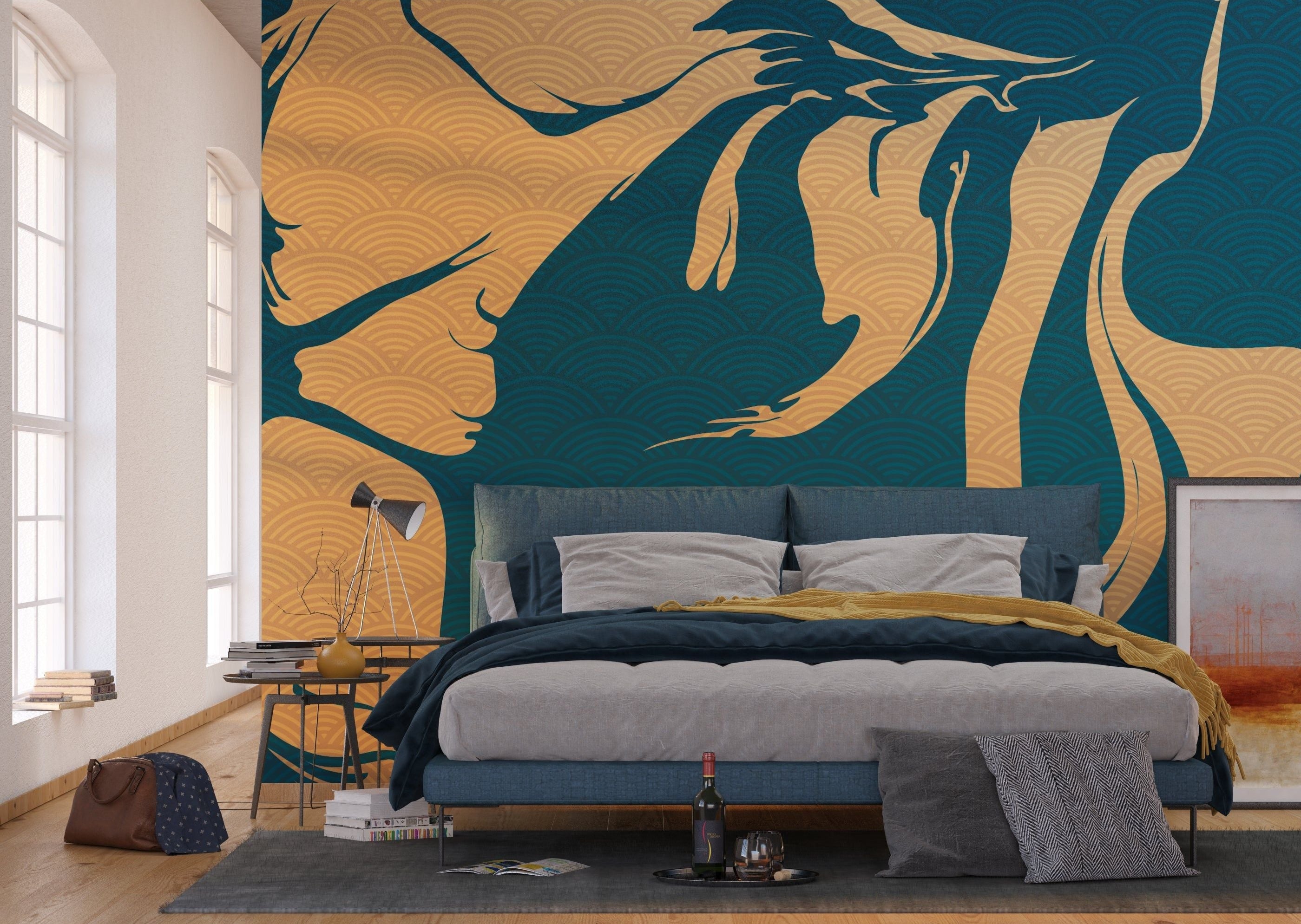 Golden Blue Elegance: Flowing Abstract Wall Mural