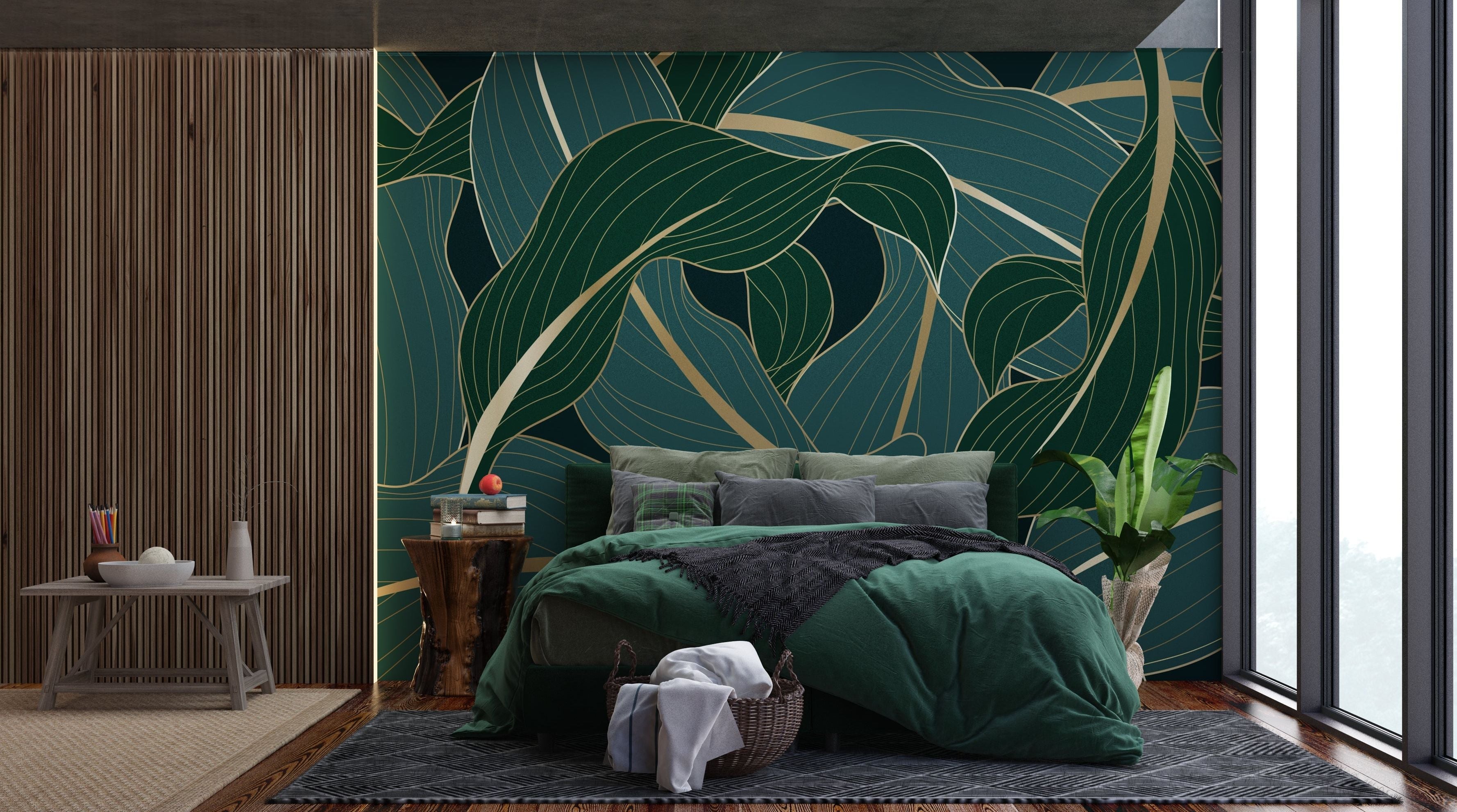 Golden Vein: Green Leaf Wall Mural