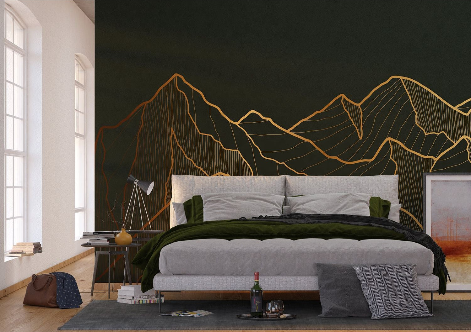 Golden Summit: Black & Gold Mountain Wall Mural