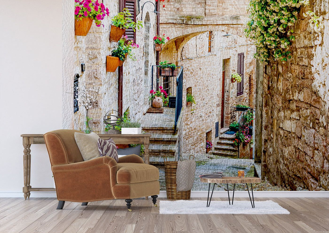 Vintage Brick City Charm: Floral Walls & Stairs Wall Mural