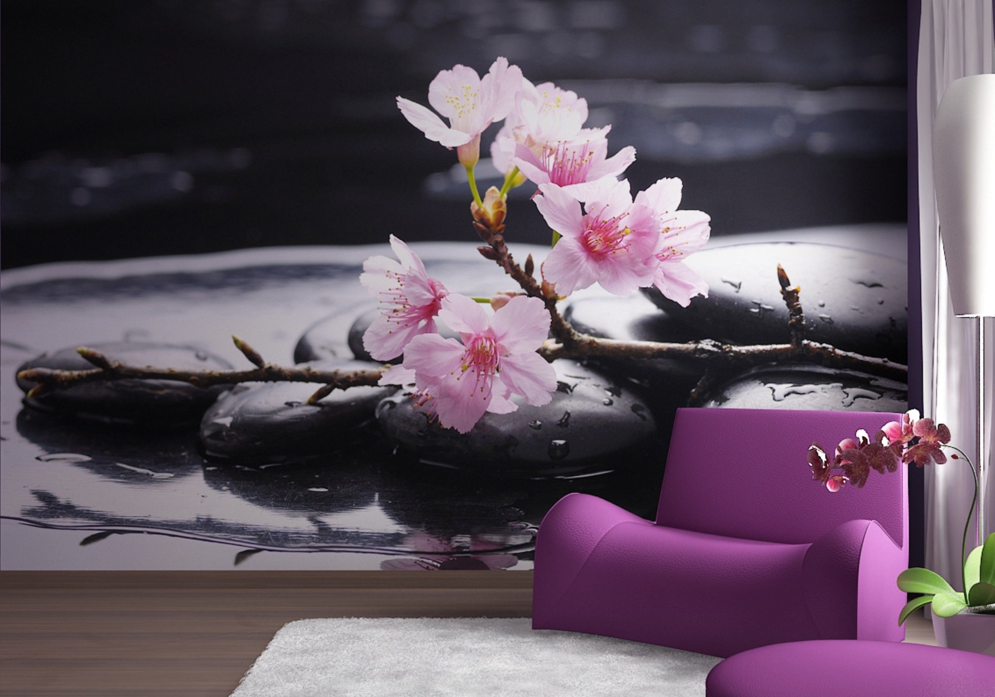 Pink Blossoms Over Water: Floral Wall Mural
