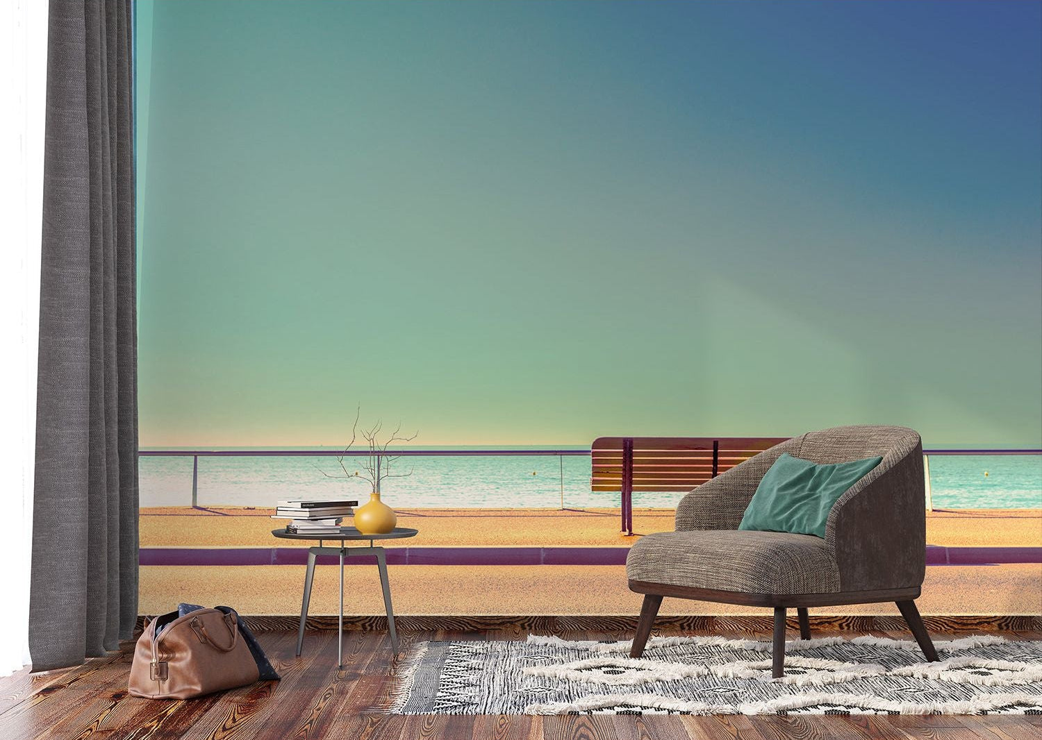 Seaside Serenity: Bench by the Calm Sea Wall Mural