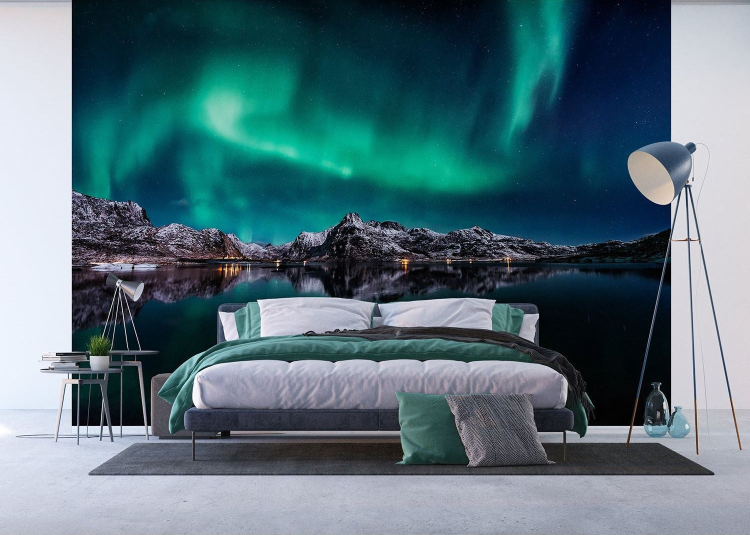 Northern Lights Serenity: Aurora Illuminating Dark Rocks & Water Wall Mural