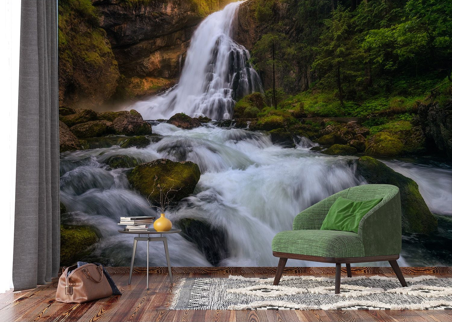 Serene Cascade: Wall Mural of Waterfall on Rocks