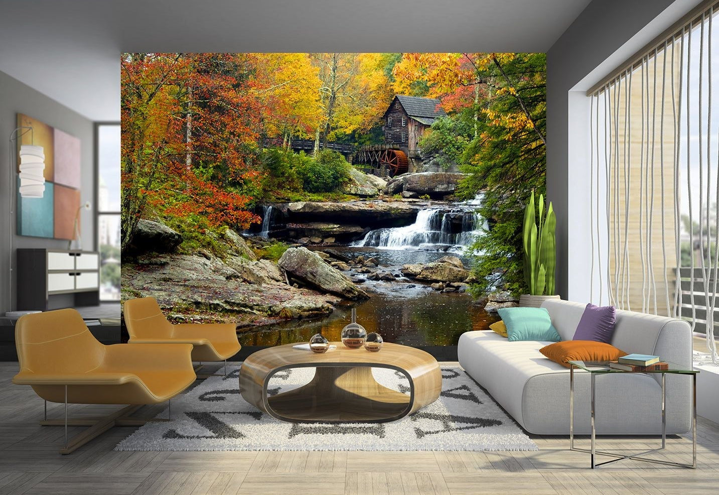 Autumn Harmony Wall Mural: The Old Mill and Waterfall