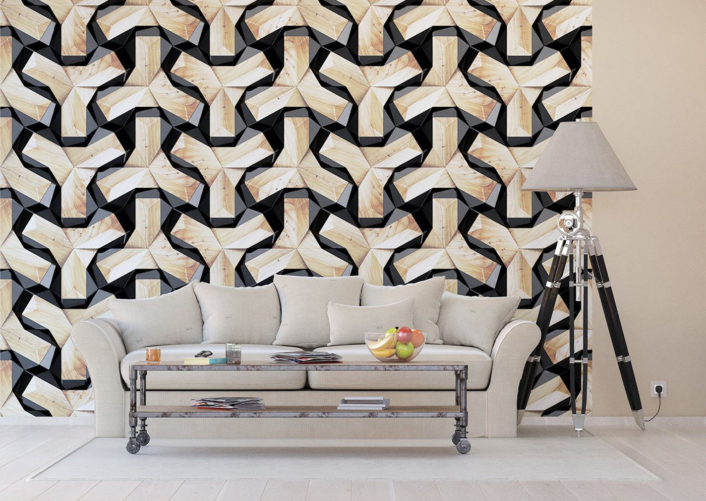 Geometric Intrigue Wall Mural: Wooden Weave Illusion