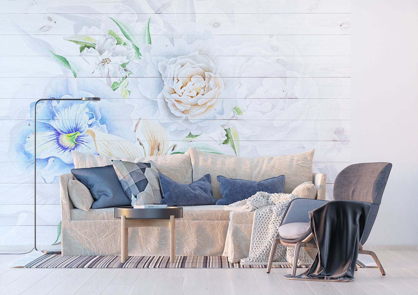 Rustic Harmony: Watercolor Florals on Whitewash Wall Mural
