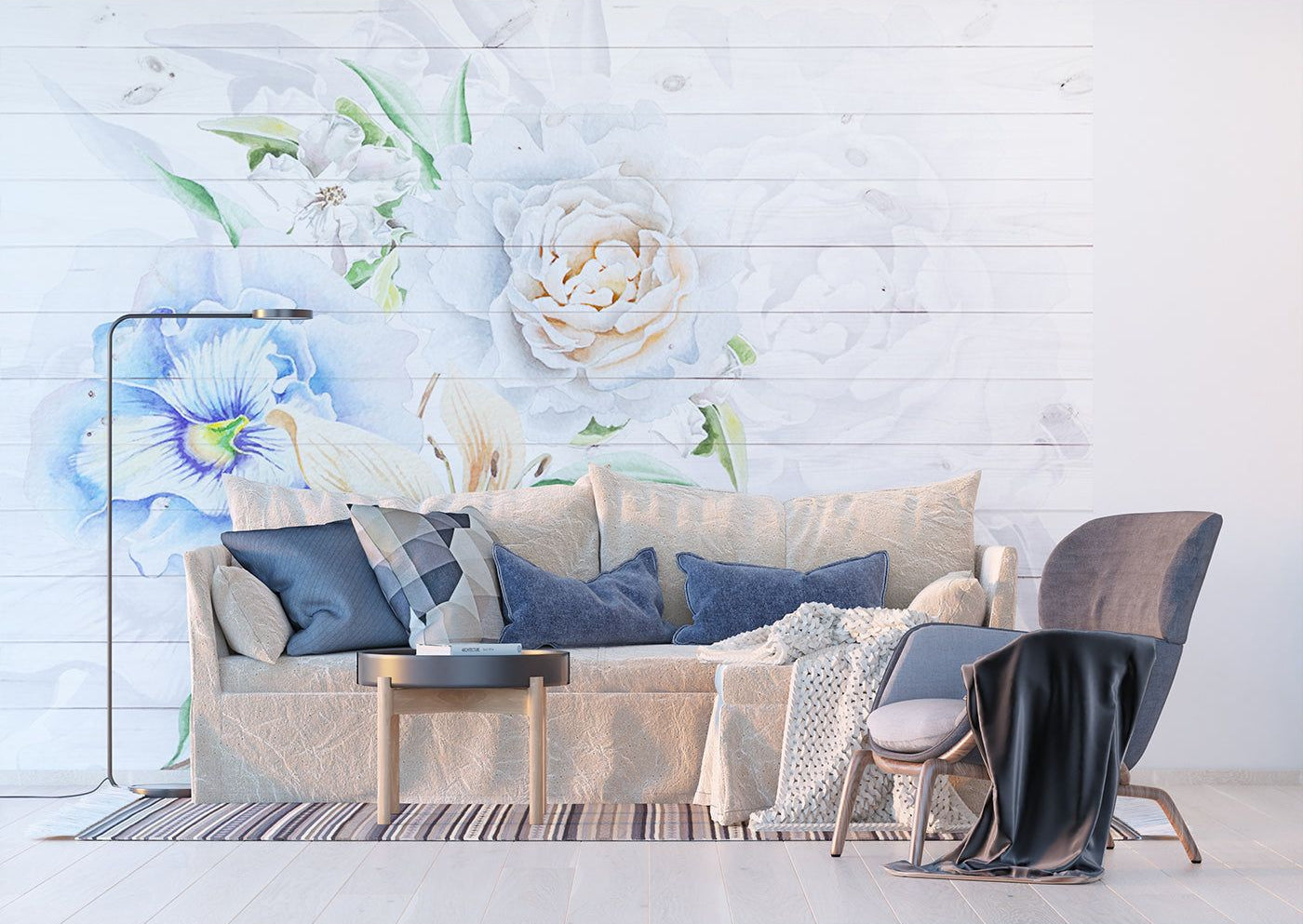 Whitewashed Elegance: Watercolor Florals on Rustic Wood Panels Wall Mural