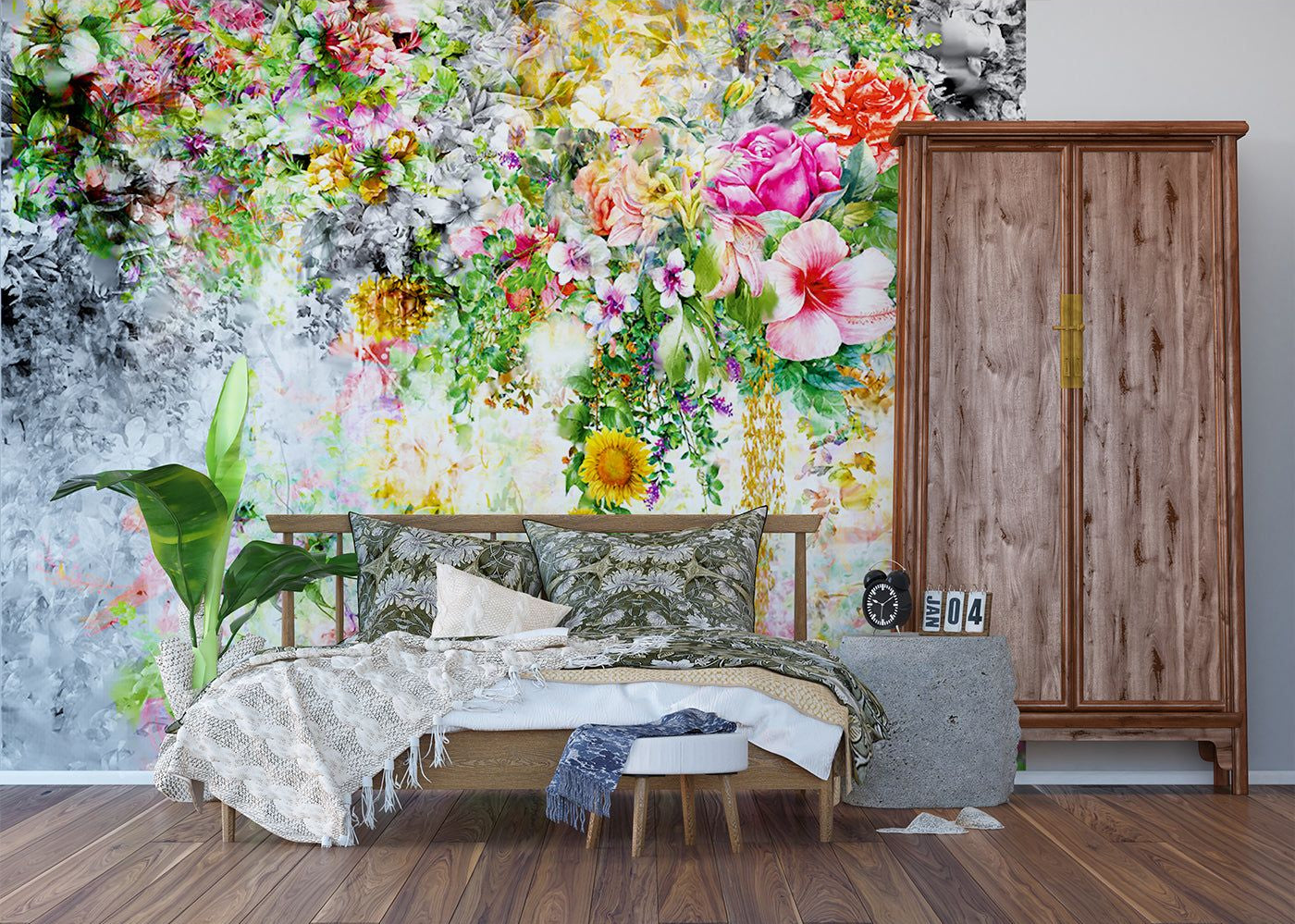 Vibrant Garden Cascade: A Symphony of Florals on Abstract Wall Mural