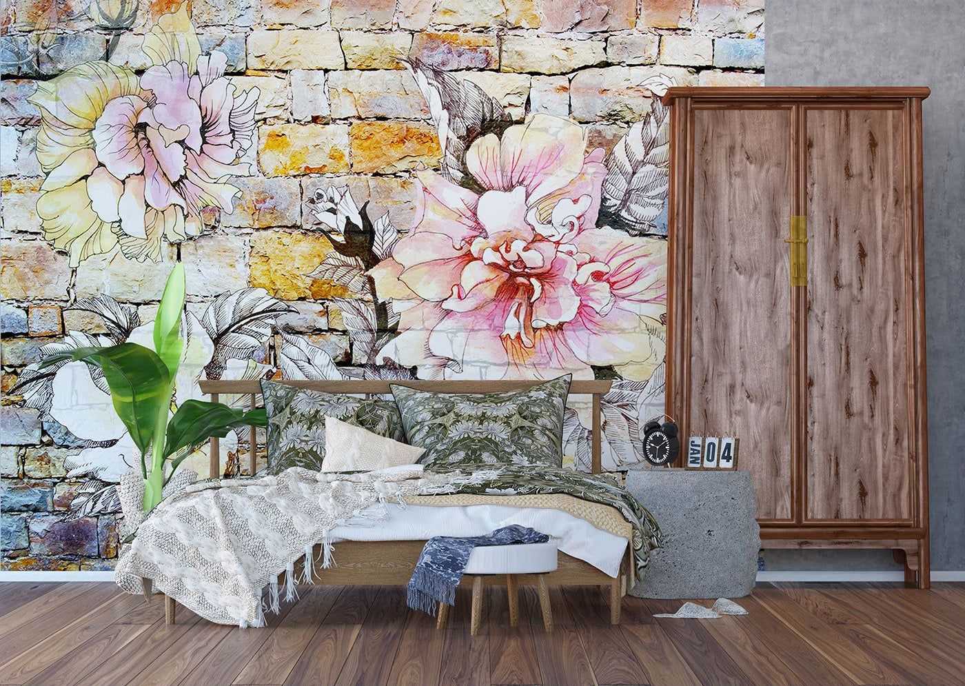 Urban Blossoms: Watercolor Florals on Brick Wall Mural