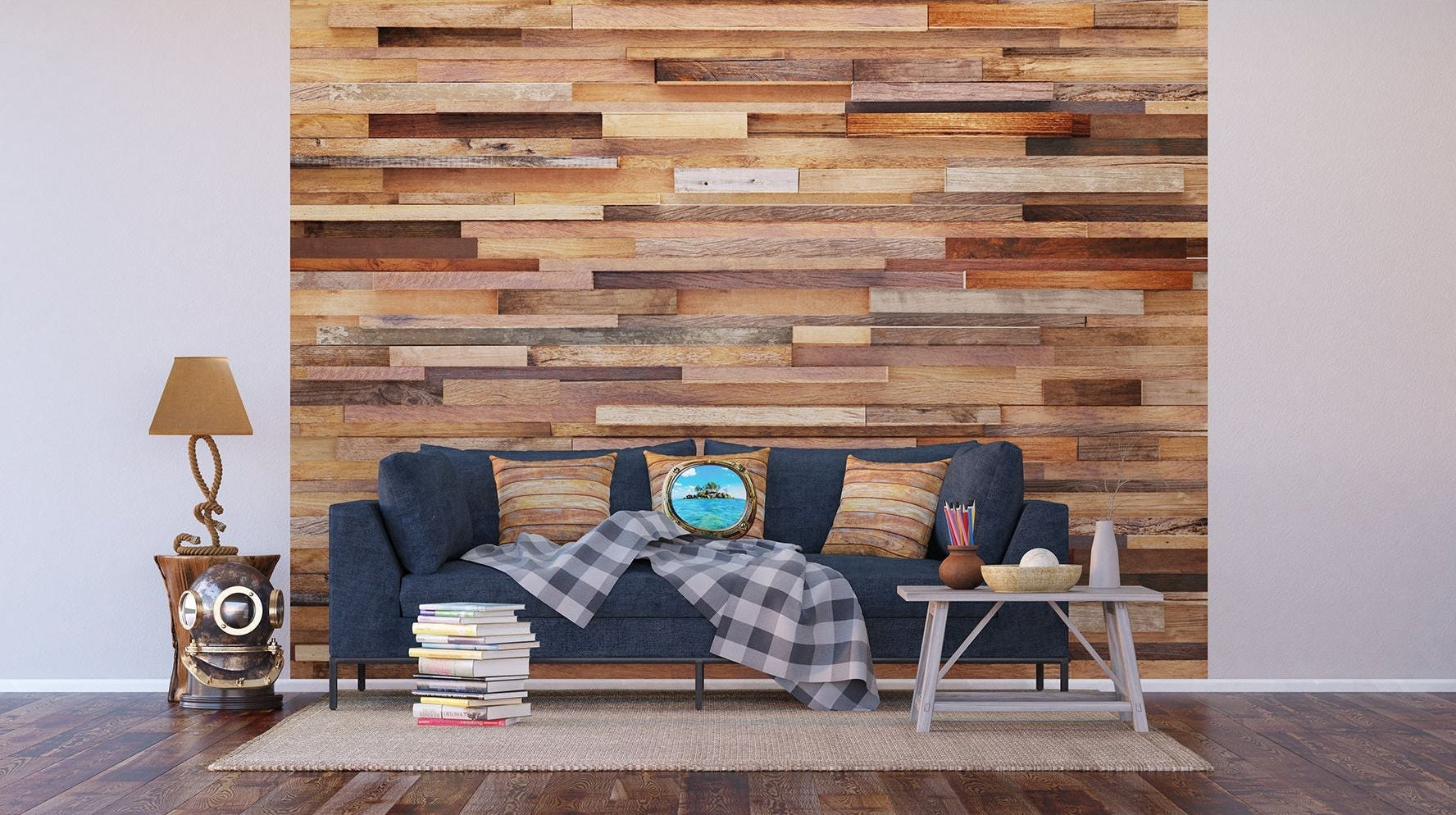 Earthen Elegance: Reclaimed Wood Patchwork Wall Mural