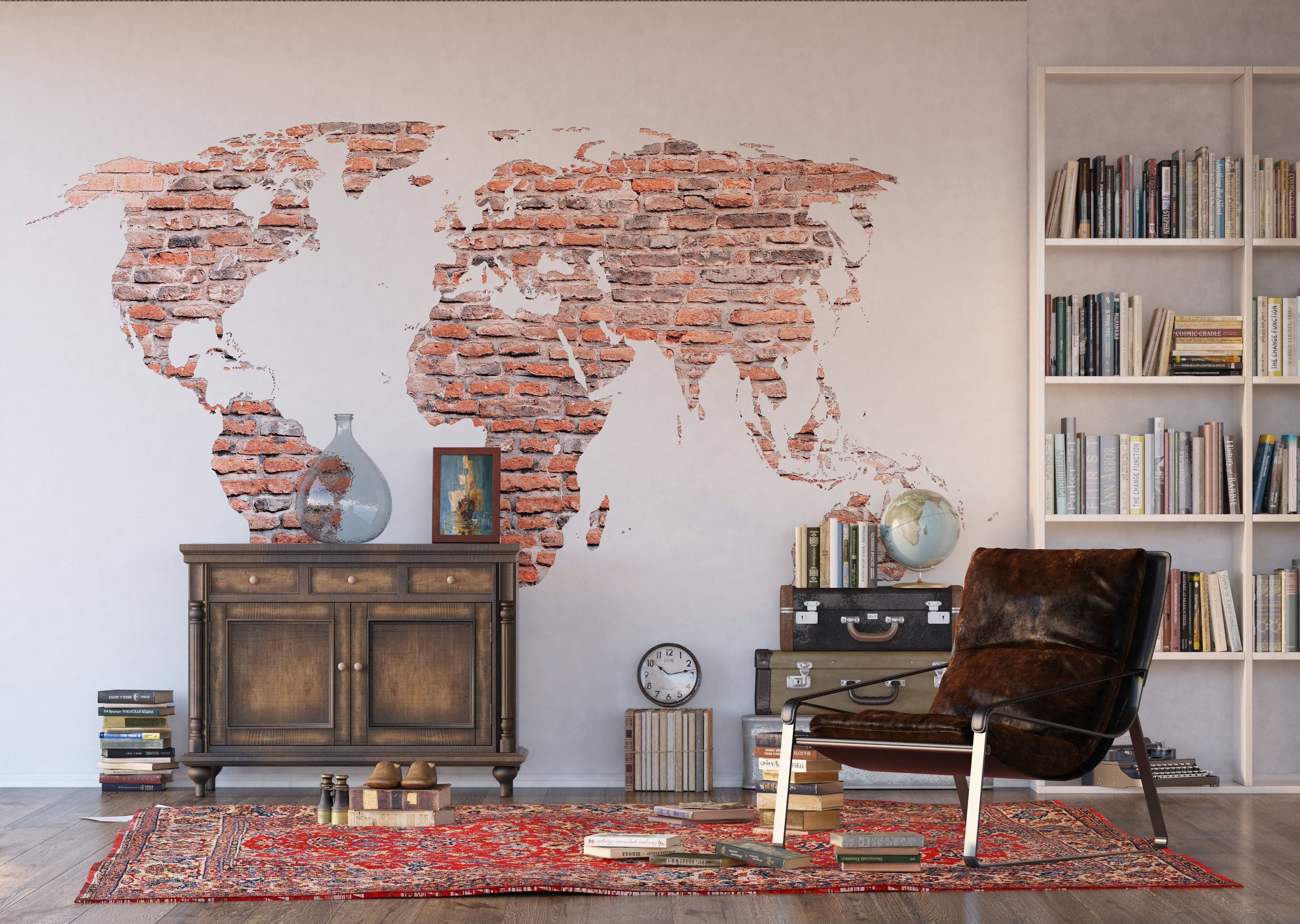 Rustic Brick World Map Wall Mural: A Voyage in Decor