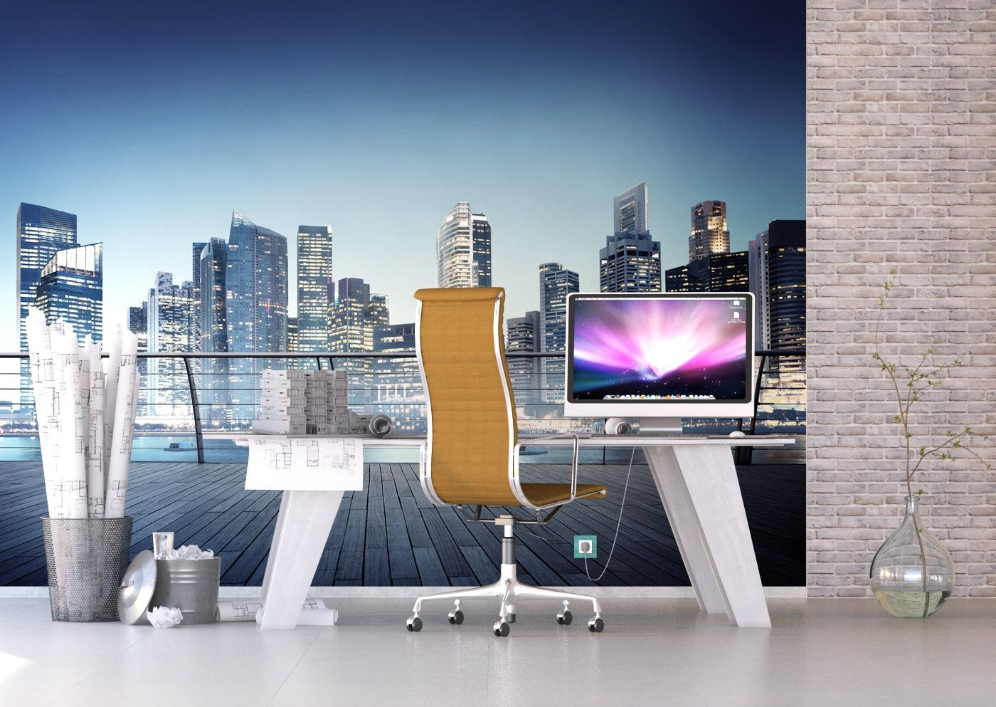 Cityscape Serenity: Waterfront Skyline at Dusk Wall Mural