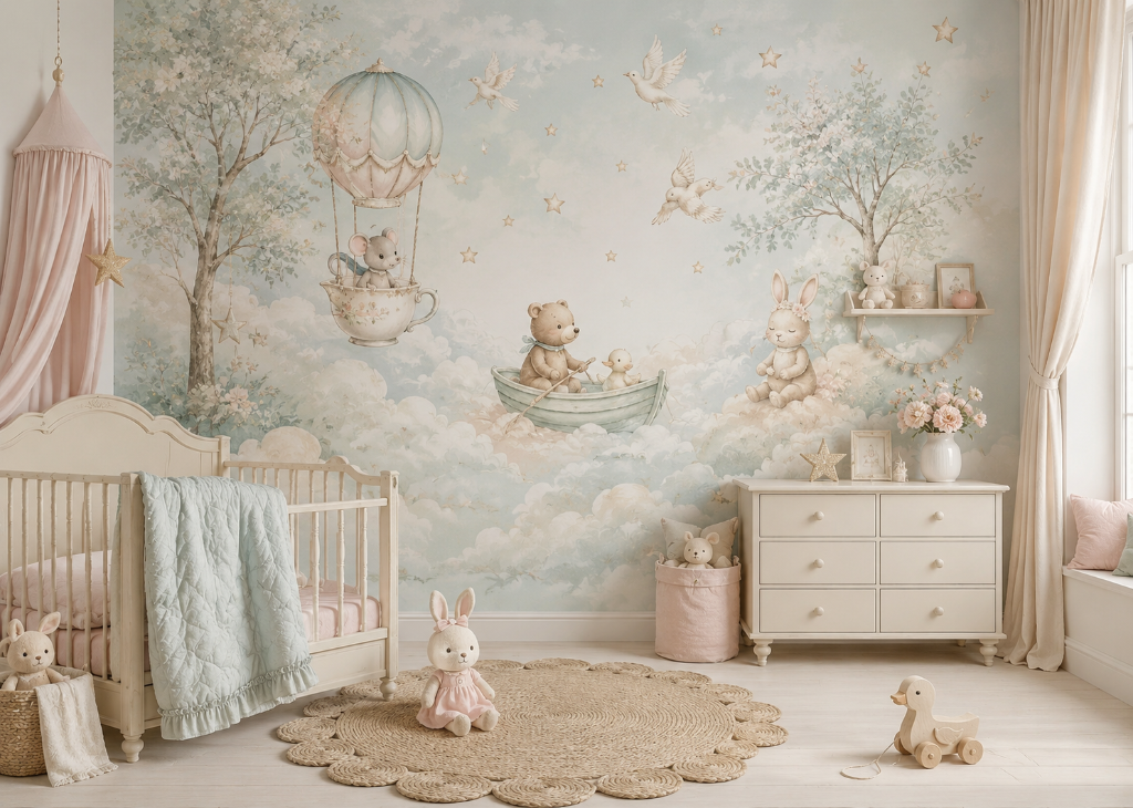 Teacup Voyage Girls Nursery Wall Mural - Nursery Room View
