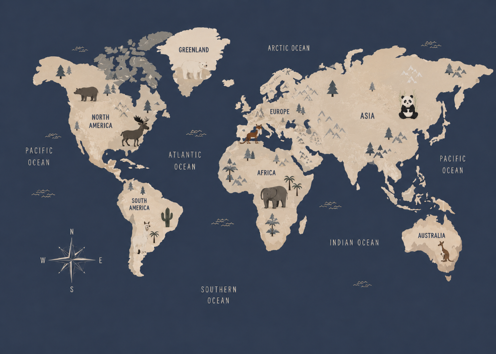 Navy World Map - Mural Design Flat View