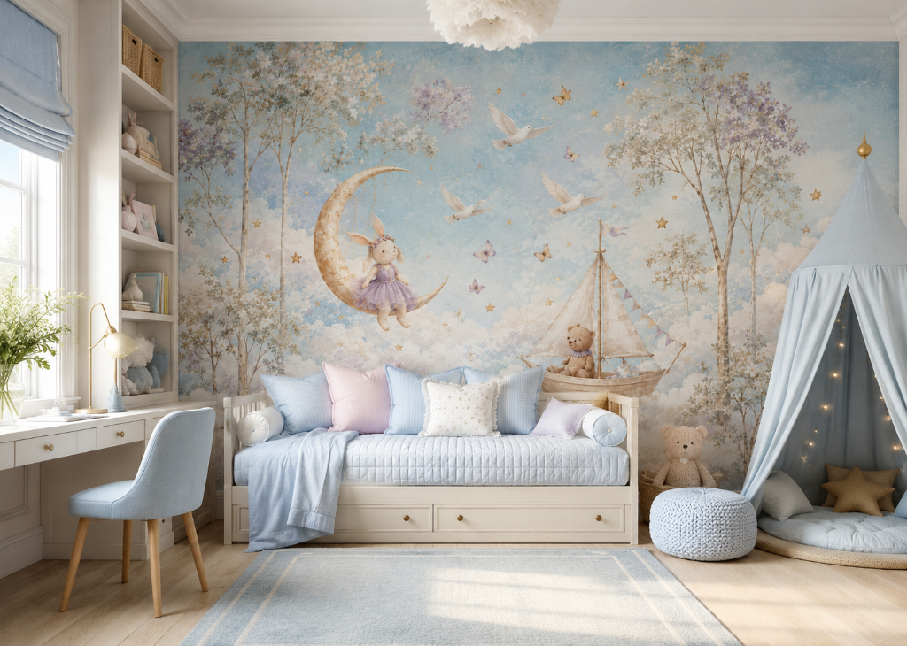 Moon & Sailboat Girls Dreamy Wall Mural - Room View 2