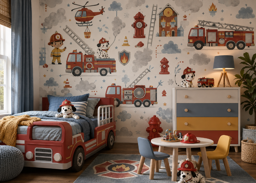 Fire Rescue Boys Firefighter Wall Mural - Boys Room View