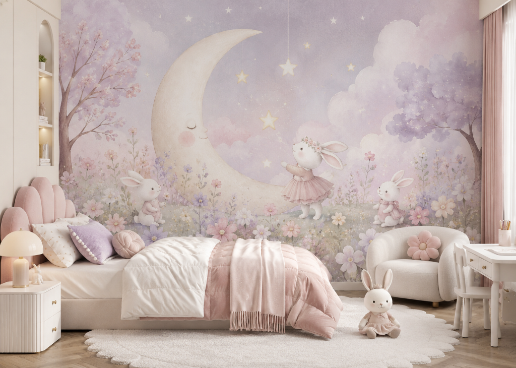 Bunny Moon Garden Girls Whimsical Wall Mural - Girls Room View
