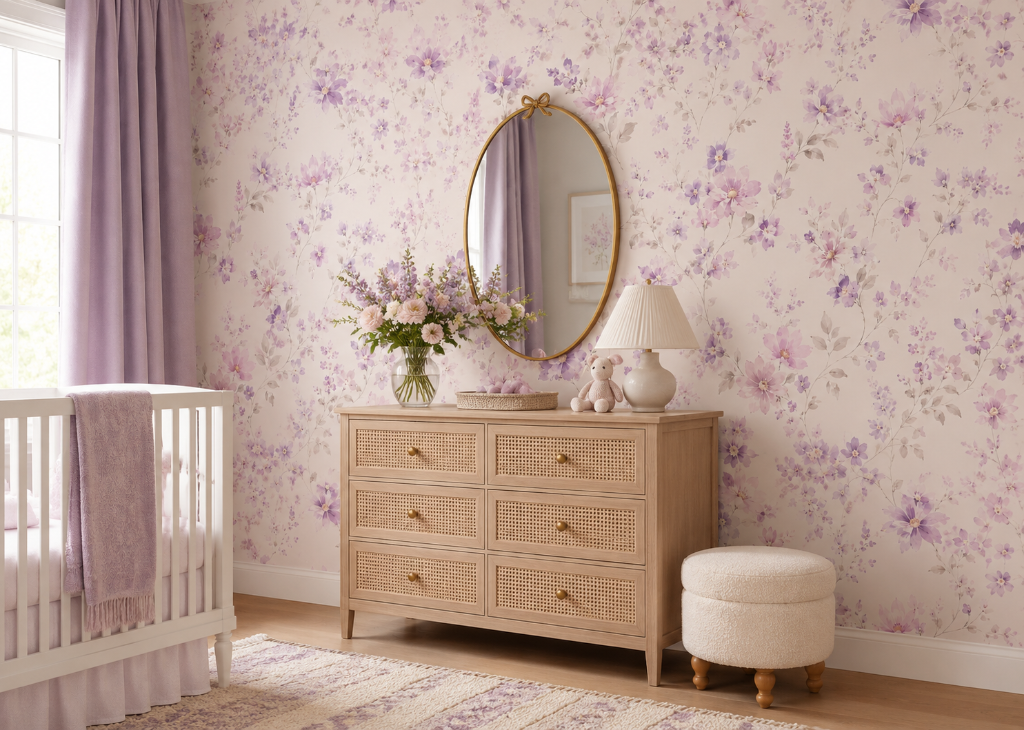 Lavender Bloom Girls Floral Nursery Wall Mural - Room View 2