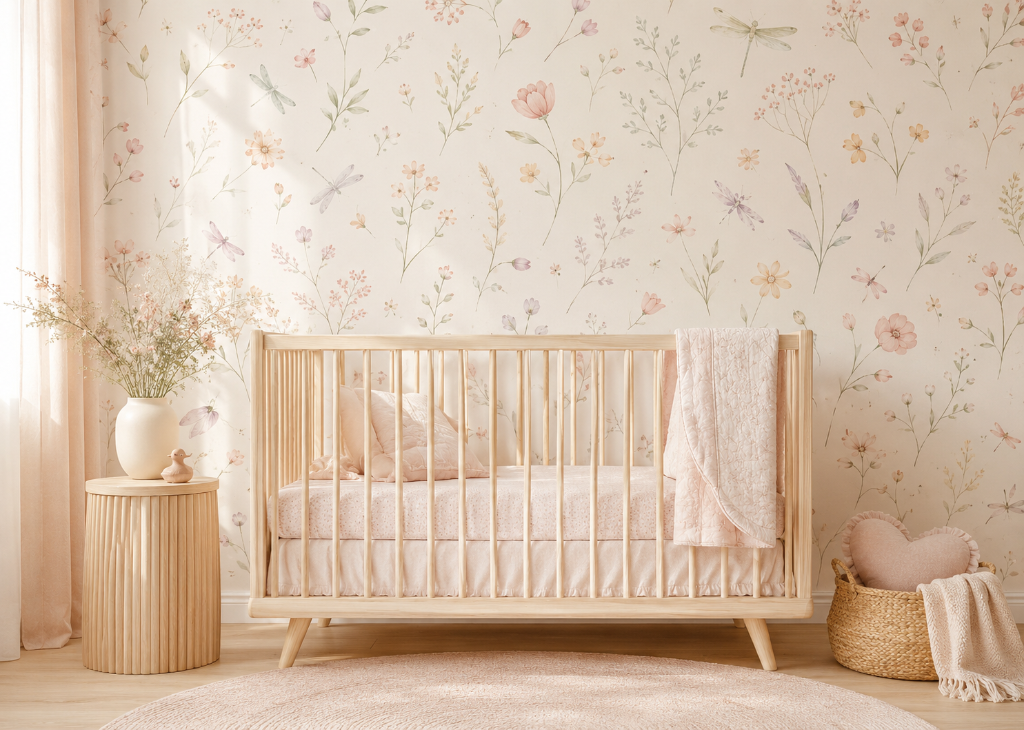 Dragonfly Garden Girls Nursery Wall Mural - Nursery Room View