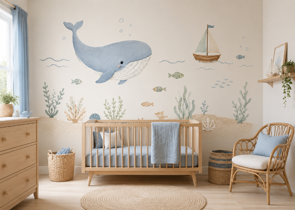 Ocean Dream Kids Whale Wall Mural - Nursery Room View 3